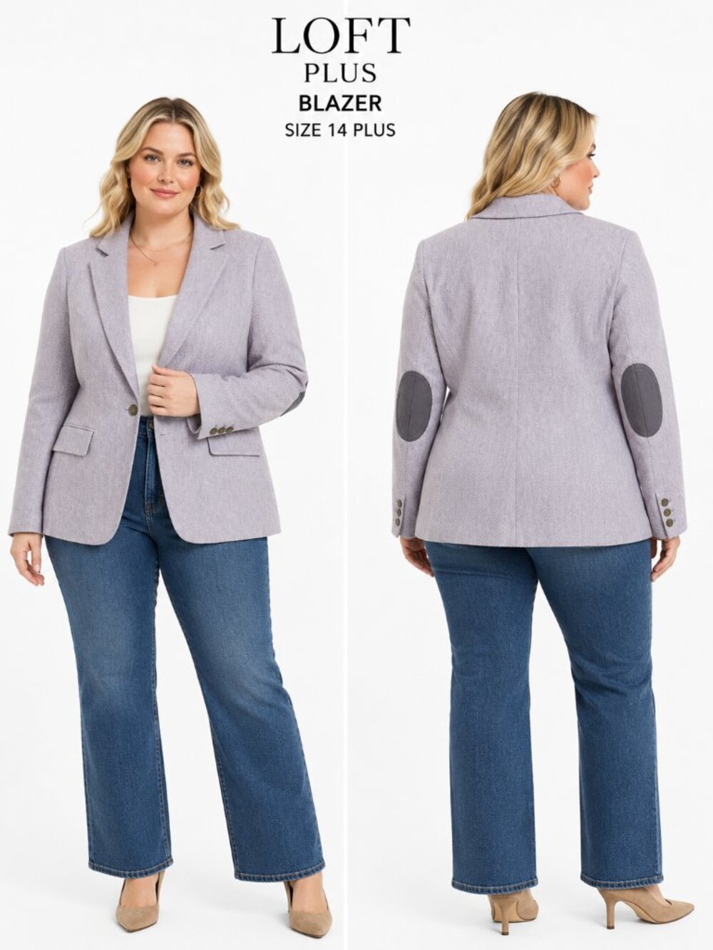 LOFT Plus Herringbone Elbow Patch Blazer Women 14 Plus Lavender Workwear Chic - Picture 10 of 10